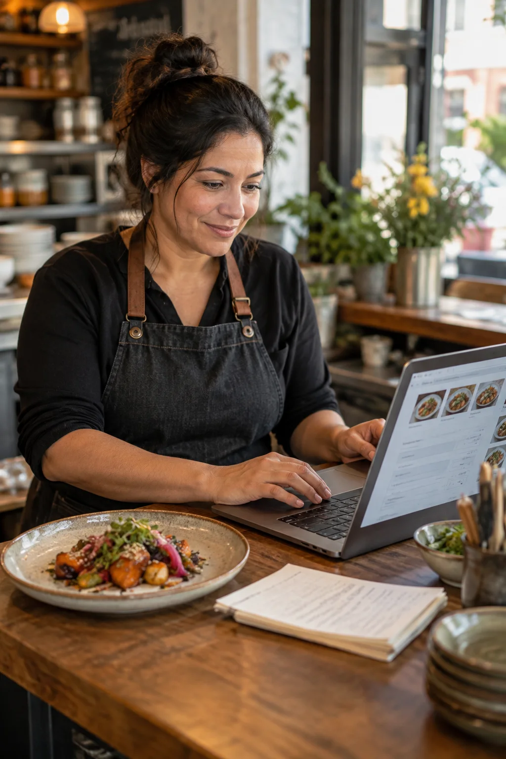 Restaurant owner editing the menu on a laptop